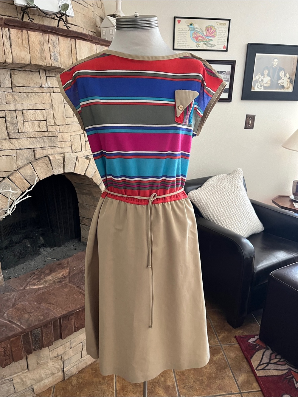 Striped Multicolor & Tan Midi Dress with Drawstring Waist